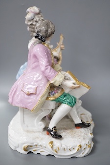 A 19th century Samson of Paris porcelain figure group of a lady playing a mandolin to her teacher 22cm